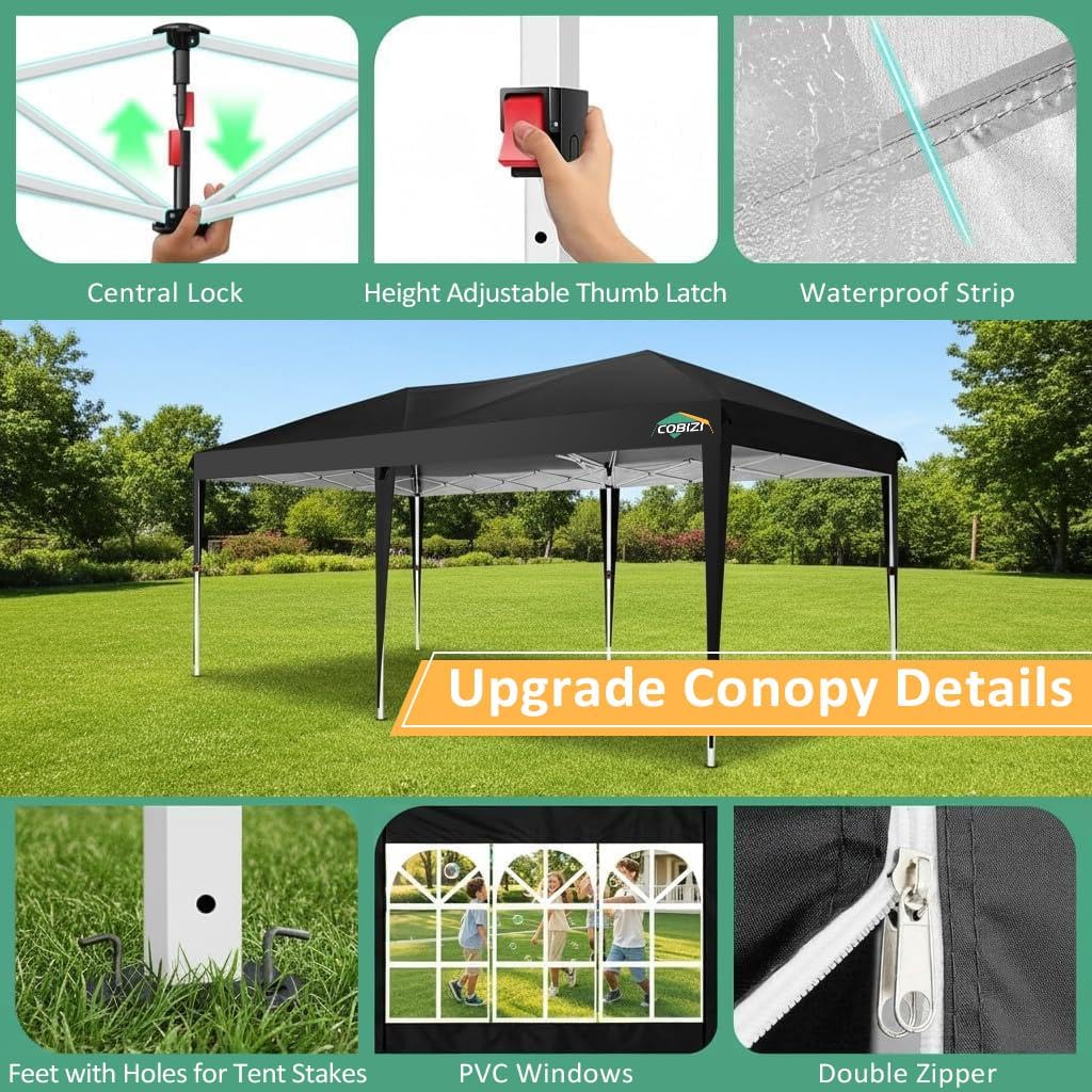COBIZI 10x20 Pop Up Canopy Tent Commercial Instant Shelter with 6 Sidewalls, Durable Waterproof Portable Gazebo UPF 50+ for Outdoor Party, Wedding, Vendor Events (Black)
