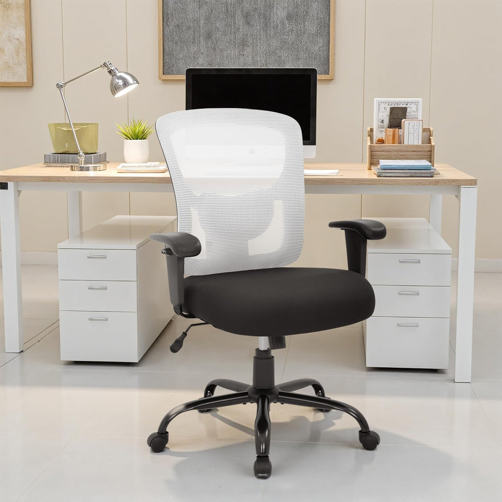 BestOffice Big & Tall Office Chair, 400 lb Capacity Mesh Desk Seating with Lumbar Support, Wide Seat, Adjustable Arms, Rolling Swivel High-Back Ergonomic Executive Task Model for Home Office, White