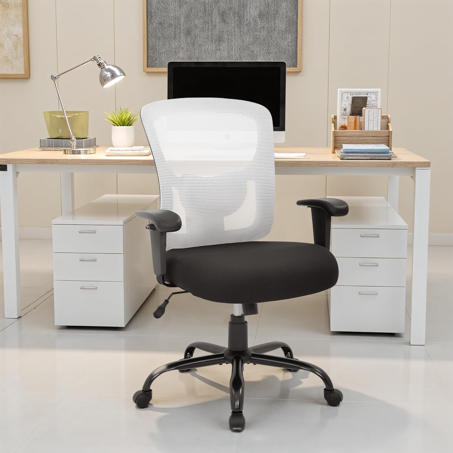 BestOffice Big & Tall Office Chair, 400 lb Capacity Mesh Desk Seating with Lumbar Support, Wide Seat, Adjustable Arms, Rolling Swivel High-Back Ergonomic Executive Task Model for Home Office, White