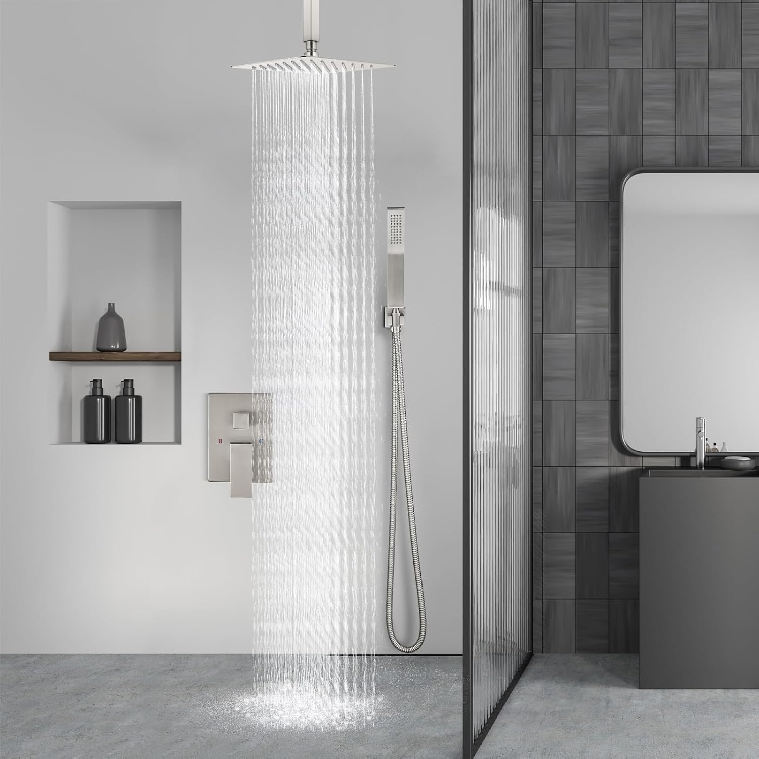 Aolemi Ceiling Mount Shower System Rain Shower Head with Handheld Spray High Pressure Shower Faucet Set Rough-in Valve Shower Trim Kit Included Bathroom Brushed Nickel 8 Inch Ceiling Shower Head