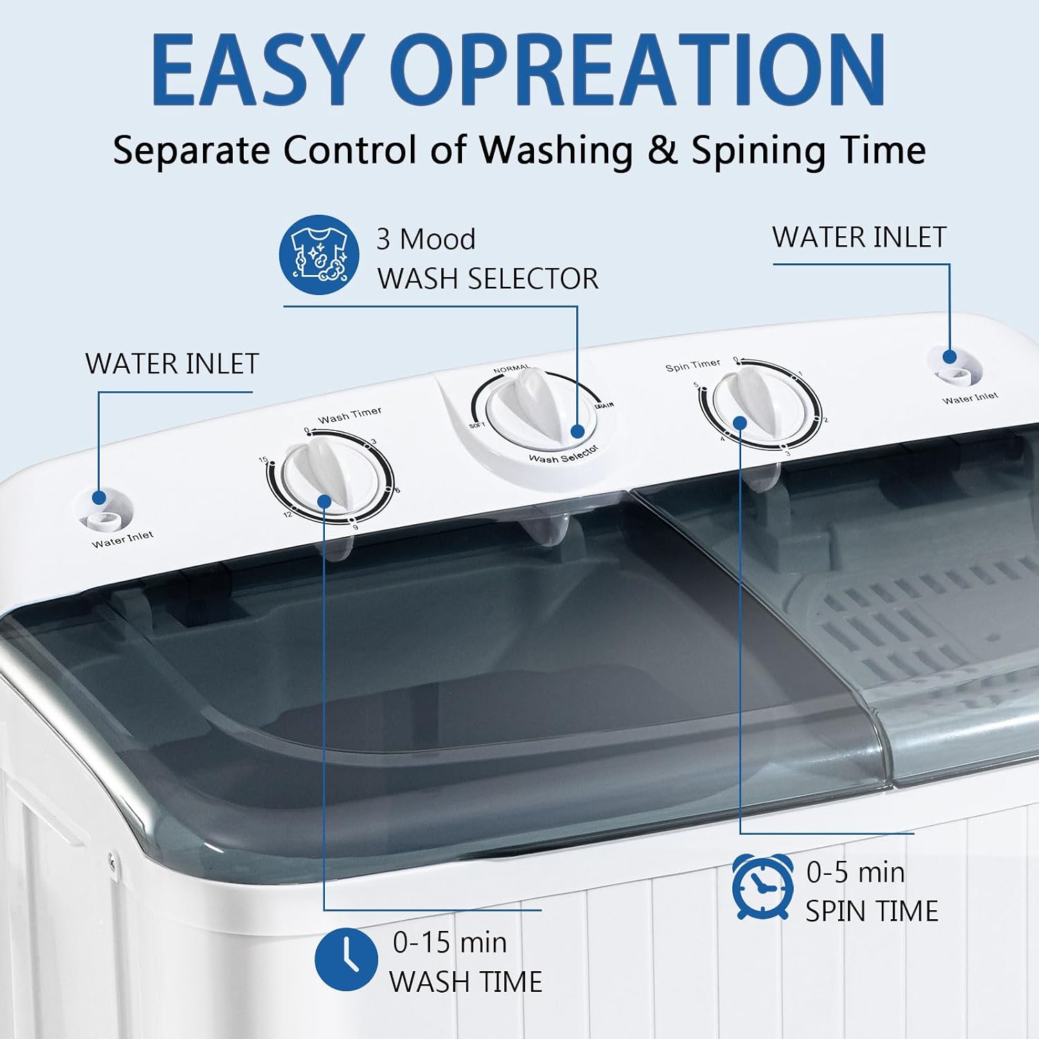 Portable Mini Twin Tub 32lbs Washing Machine With Drying Rack& 10 Hangers, 20lbs Washer & 12lbs Spinner, Small Laundry Washer with Time Control for Camping, Apartments, RV (32lbs)