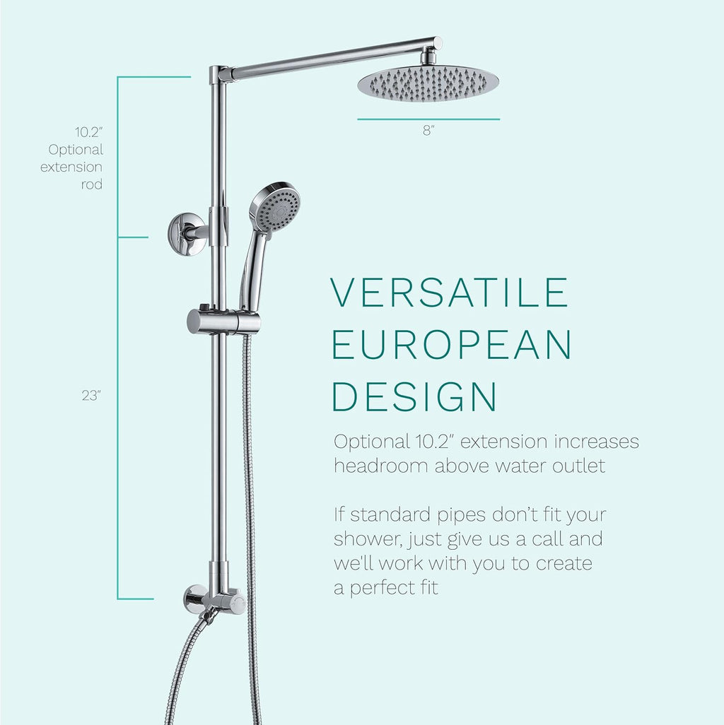 Fennocasa Polaris 3 Retrofit Rain Shower System, 3-Setting Handheld Shower Combo with Slide Bar, 8' Low Profile Shower Head (2.5 GPM Chrome)