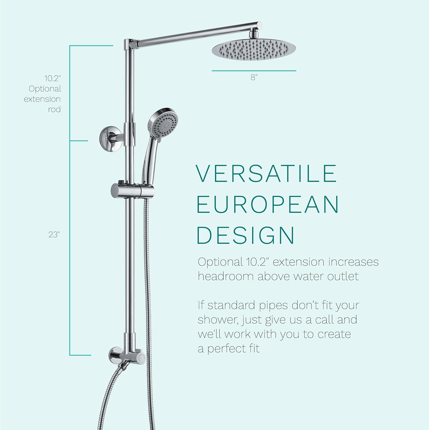 Fennocasa Polaris 3 Retrofit Rain Shower System, 3-Setting Handheld Shower Combo with Slide Bar, 8' Low Profile Shower Head (2.5 GPM Chrome)