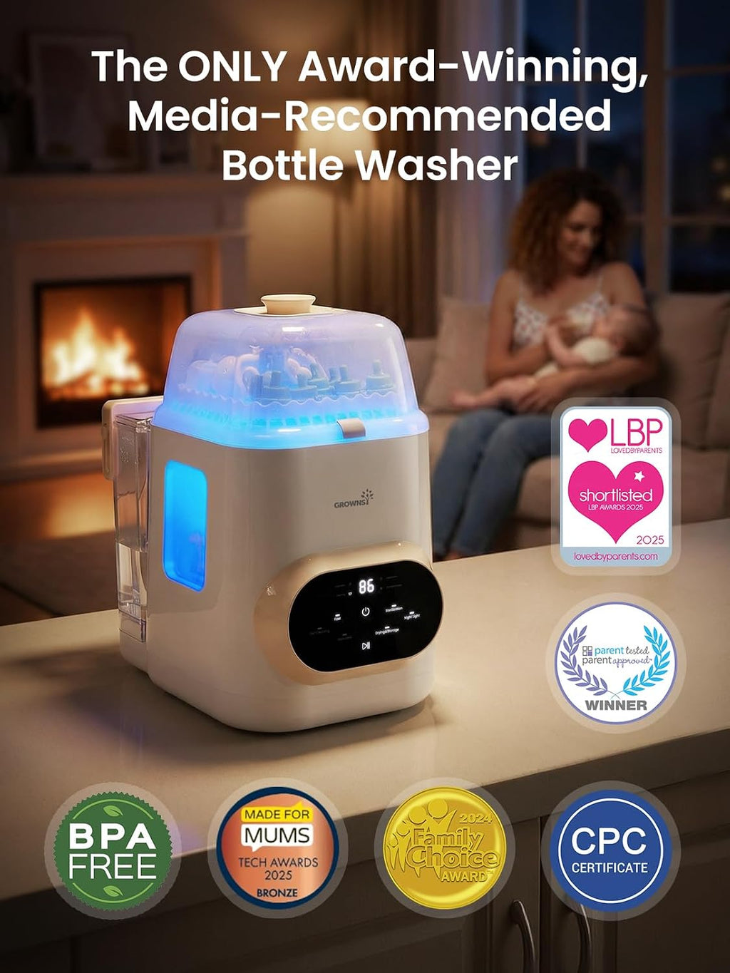 Grownsy EaseClean Pro Bottle Washer | Visible Cleaning Windows | All-in-One Wash, Sterilize & Dry System | 360° High-Pressure Cleaning | for Bottles, Pump Parts & Baby Essentials