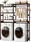Cozivolife Over The Washer and Dryer Storage Shelf Bamboo,5 Tiers Laundry Room Drying Rack with Adjustable Shelves and 4 Hooks,Space Saver Organizer for Hanging Clothes and Towels (Brown)