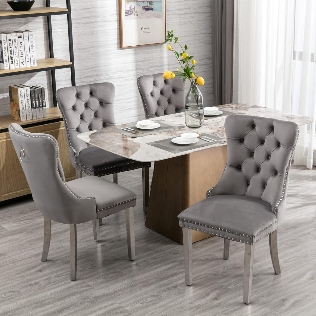 Ball & Cast Contemporary Upholstered Dining Chairs Set of 2, Velvet Button Tufted Kitchen Side-Chairs with Hang Ring & Nailhead Trims & Chrome Solid Wood Legs, 2-Piece Traditional Chair, Chrome+Gray