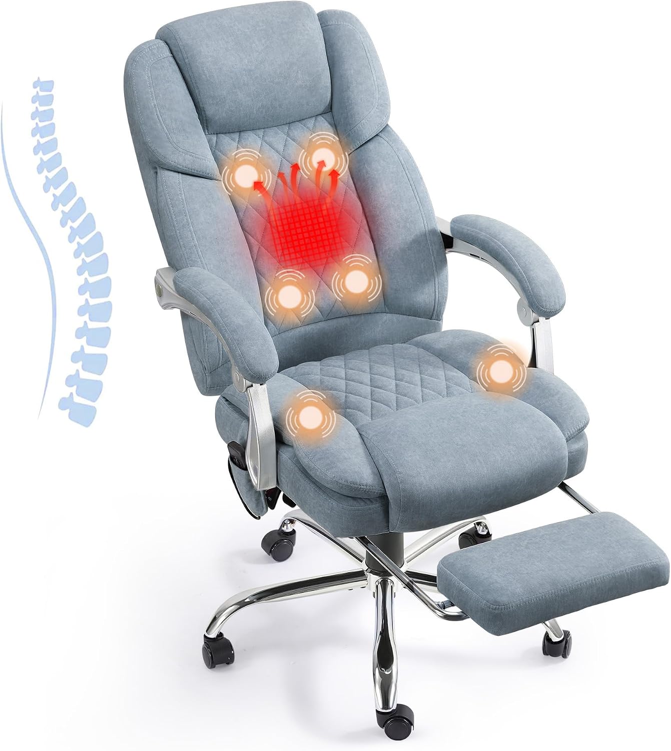 HOMREST 6-Point Massage Office Chair with Reclining Backrest, Heated Executive Office Chair, Velvet Ergonomic Computer Desk Chair with Footrest & Padded Armrest, Airy Blue