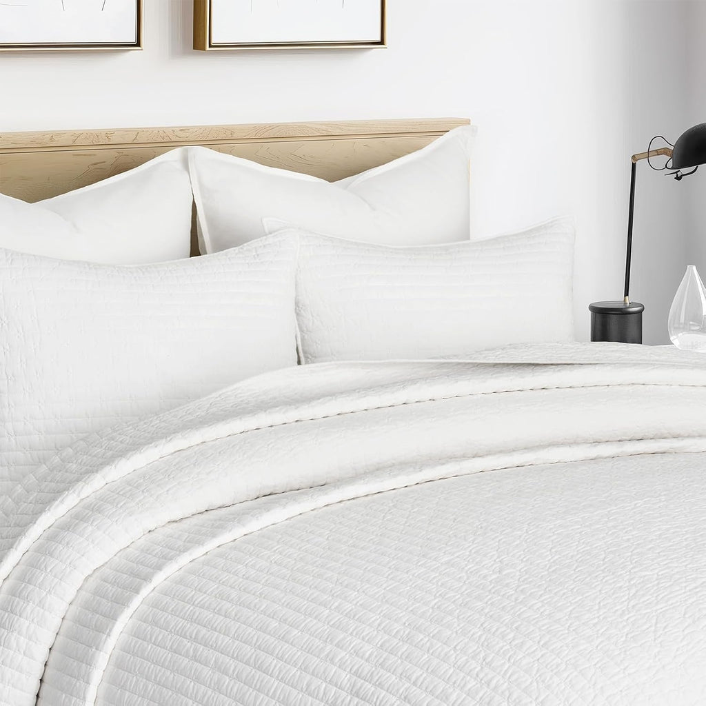 EVERGRACEHOME Cross Stitch Pre-Washed Cotton Quilt Bedding Set King Size, Oversized 3 Pieces Lightweight Bedspread Coverlet for All Season, with 2 Matching Shams, Bright White,108'x96'