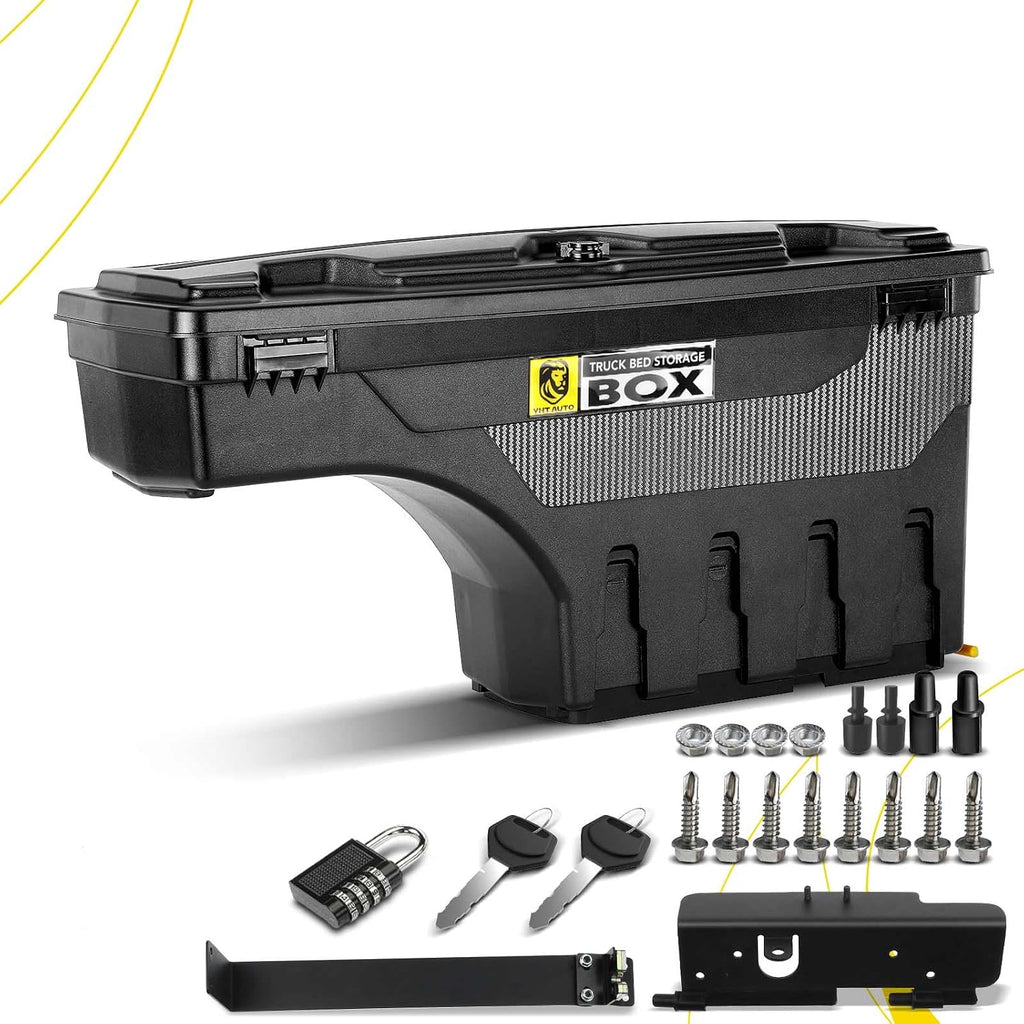 YHTAUTO Truck Bed Storage Tool Box Lockable Compatible with 1999-2016 Ford F-250 F-350 Super Duty, Passenger Side, Without Bed Rail Storage, Swing Waterproof Wheel Well Toolbox