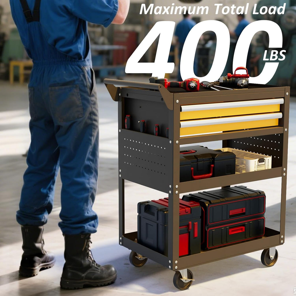 5 -Tier Heavy Duty Rolling Tool Cart on Wheels with 2 Lockable Drawers, Pegboard & Locking Wheels, 400Lbs Capacity Mobile Garage Storage Organizer for Mechanics, Workshop