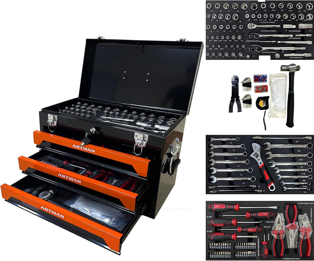 3-Drawer Tool Chest with 439-Piece Mechanics Tool Set | Heavy-Duty Steel Portable Tool Box with Complete Socket & Wrench Kit for Workshop, Garage, and Home Use (Black & Orange)