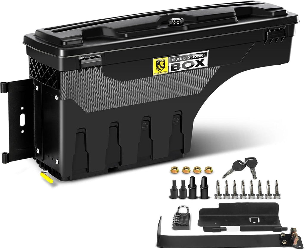YHTAUTO Truck Bed Storage Tool Box Lockable Compatible with 1999-2016 Ford F-250 F-350 Super Duty, Driver Side, Without Bed Rail Storage, Swing Waterproof Wheel Well Toolbox