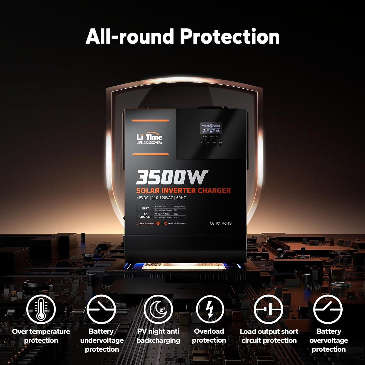 LiTime 3500W Solar Hybrid Inverter, 48V DC to 120V AC All-in-One Solar Inverter Charger, Built in 80A MPPT Charge Controller, for 48V Lead Acid/LiFePO4 Battery, Home Energy Storage, Off-Grid