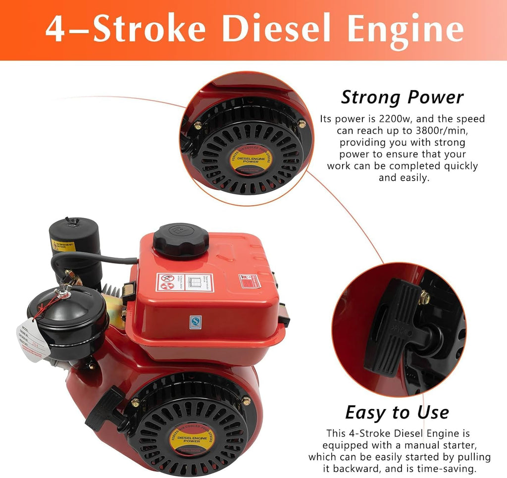 Diesel Engine, 196Cc 4-Stroke Single-Cylinder Diesel Engine, 3HP Engine with Air-Cooled Recoil Starter Systemdiesel Engine for Go-Karts, Lawnmowers, Generators, Log Cutters