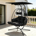 Double Egg Chair Outdoor with Stand & Canopy, 2 Person Hanging Egg Chair with Footrest, Oversized Rattan Wicker Egg Swing Chair for Patio Backyard Garden, 660Lbs, Black