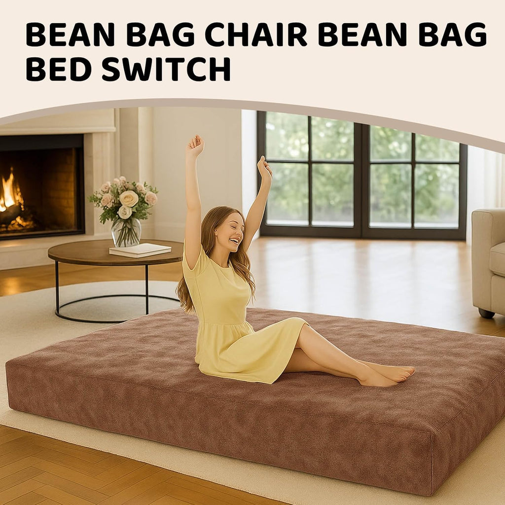 Adult Bean Bag Chair Bed, Bean Bag Sofa with Filling, Memory Foam, Comfortable Floor Sofa Bed, Boneless Floor Chair, Suitable for Living Room Bedroom Dormitory Balcony Lounge (Brown, Chair Bed)