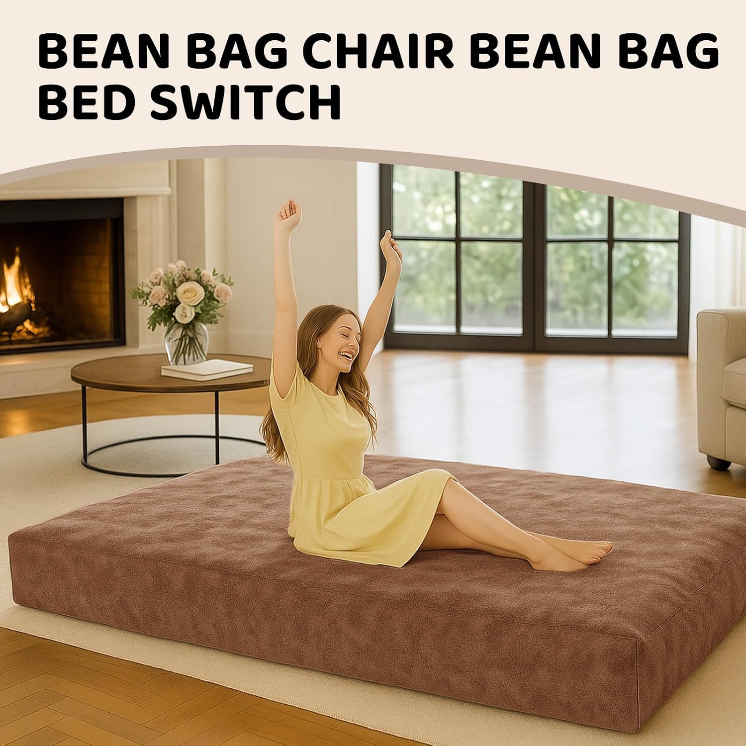 Adult Bean Bag Chair Bed, Bean Bag Sofa with Filling, Memory Foam, Comfortable Floor Sofa Bed, Boneless Floor Chair, Suitable for Living Room Bedroom Dormitory Balcony Lounge (Brown, Chair Bed)