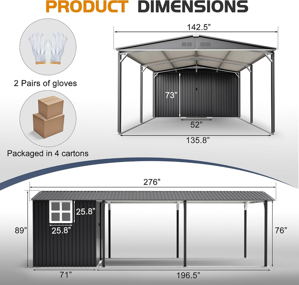 KEIKI 12x23 FT Heavy Duty Metal Carport with Storage Shed, Steel Garage Shelter with Sliding Door, Waterproof Sloped Roof, UV Protection Panels, Outdoor Car Canopy for Car, Boat, Tractor