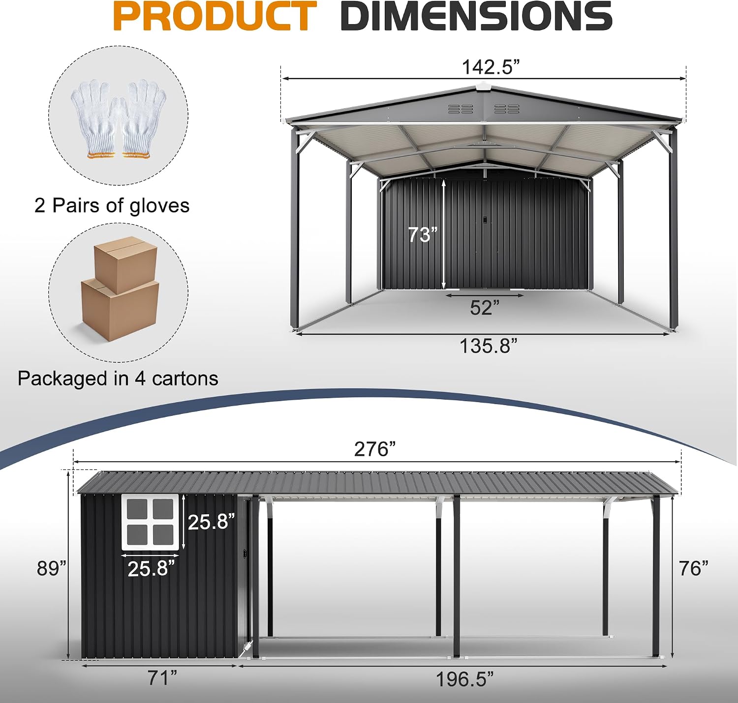 KEIKI 12x23 FT Heavy Duty Metal Carport with Storage Shed, Steel Garage Shelter with Sliding Door, Waterproof Sloped Roof, UV Protection Panels, Outdoor Car Canopy for Car, Boat, Tractor