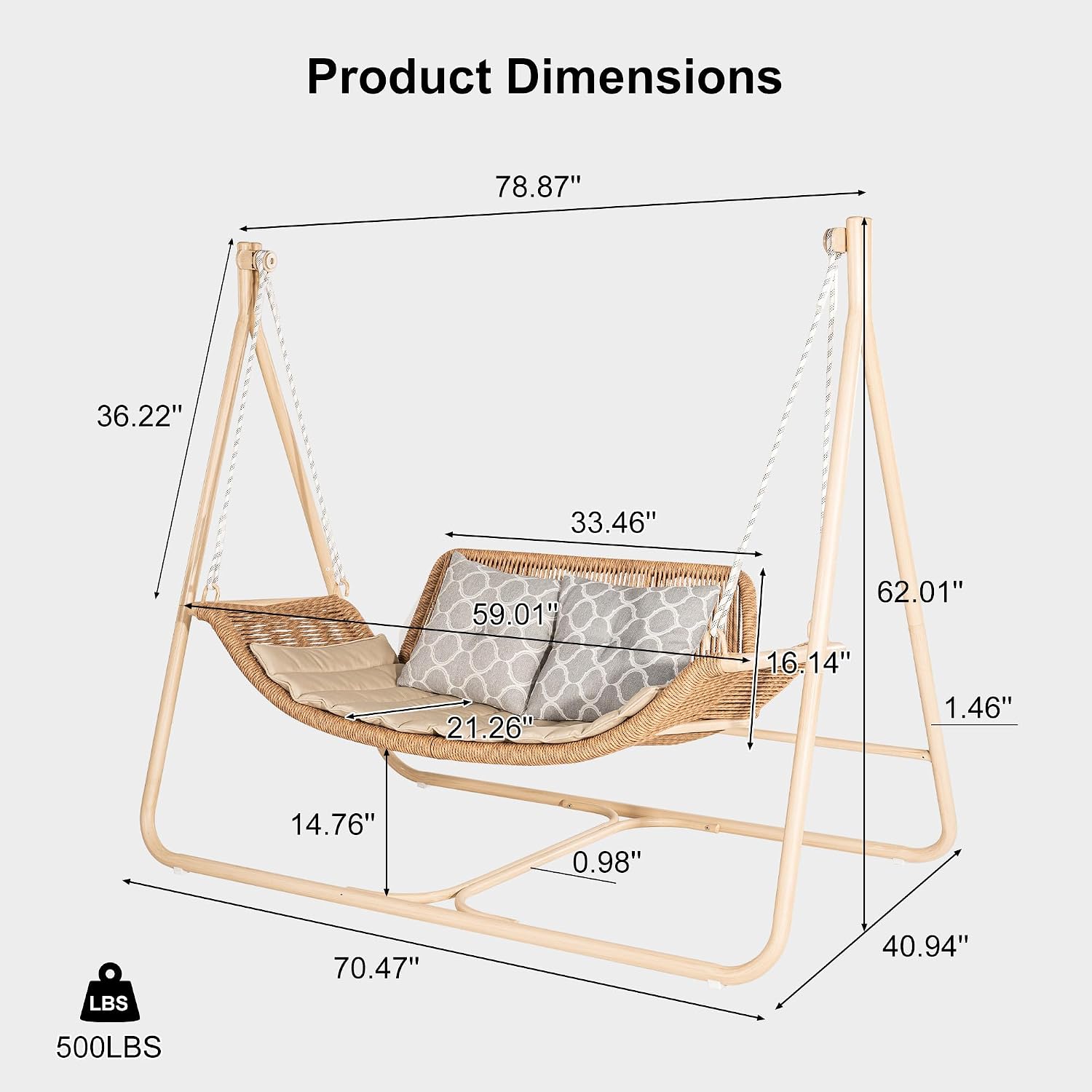 PURPLE LEAF 2 Seat Cloud Swing Chair with Stand and 12 LED Lights Patio Wicker Hanging Swinging for Indoor Backyard Garden Outdoor Hammock Porch Swing, Cushion and Pillows Included