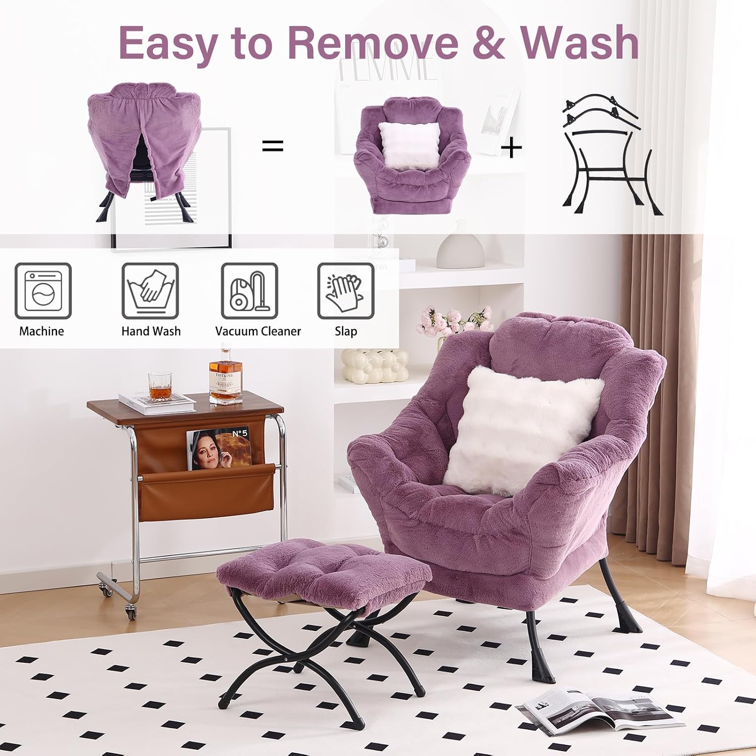 Lazy Chair with Ottoman, Large Purple Accent Chair with Ottoman and FA Throw Pillow, Comfy Plush Reading Chair for Living Room Bedroom Dorm Room Office Apartment Relaxing Use
