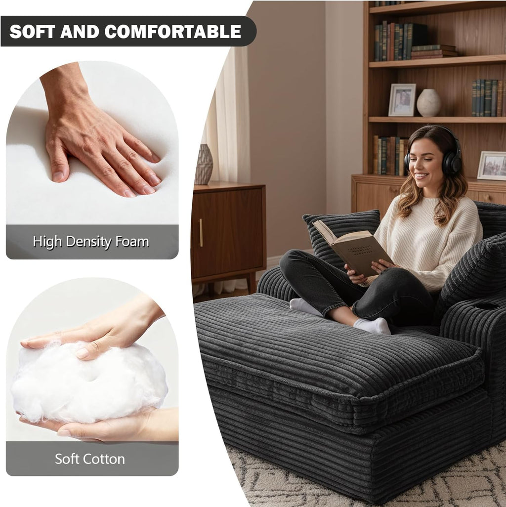 67' Oversized Chaise Lounge Chair Indoor, Soft Boneless Cloud Couch with 3 Pillows, 4 Side Pockets and 2 Cup Holders, Comfy Corduroy Sleeper Couch for Living Room Bedroom