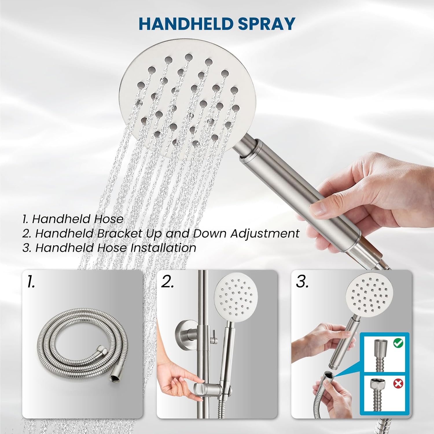 gotonovo SUS304 Outdoor Shower Fixture High Pressure Shower System Combo Wall Mount 2 Dual Function Shower Faucet Set Round Handheld Spray Brushed Nickel Single Handle