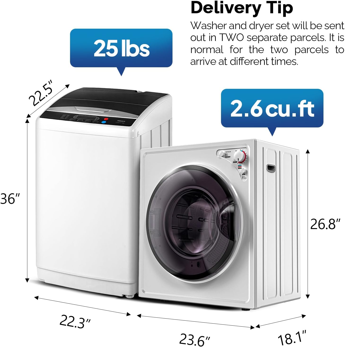 ROVSUN 2.6CuFt Clothes Dryer and 25LBS Full-Automatic Washing Machine Set, Compact Laundry Washer and Dryer Combo Set with Stainless Steel Inner Tub, for Apartment, Dorms, Home