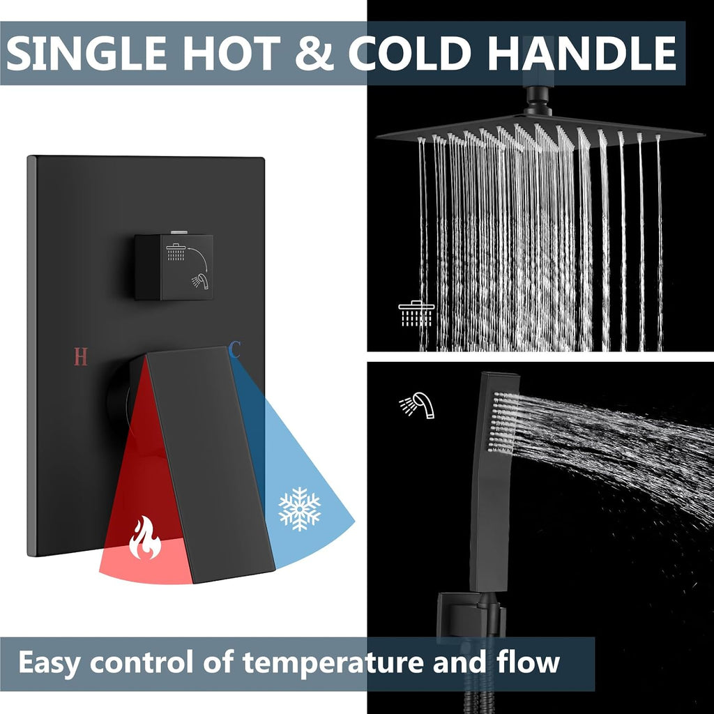 Aolemi Ceiling Mount Shower System Rain Shower Head with Handheld Spray High Pressure Shower Faucet Set Rough-in Valve Shower Trim Kit Included Bathroom Matte Black 12 Inch Ceiling Shower Head