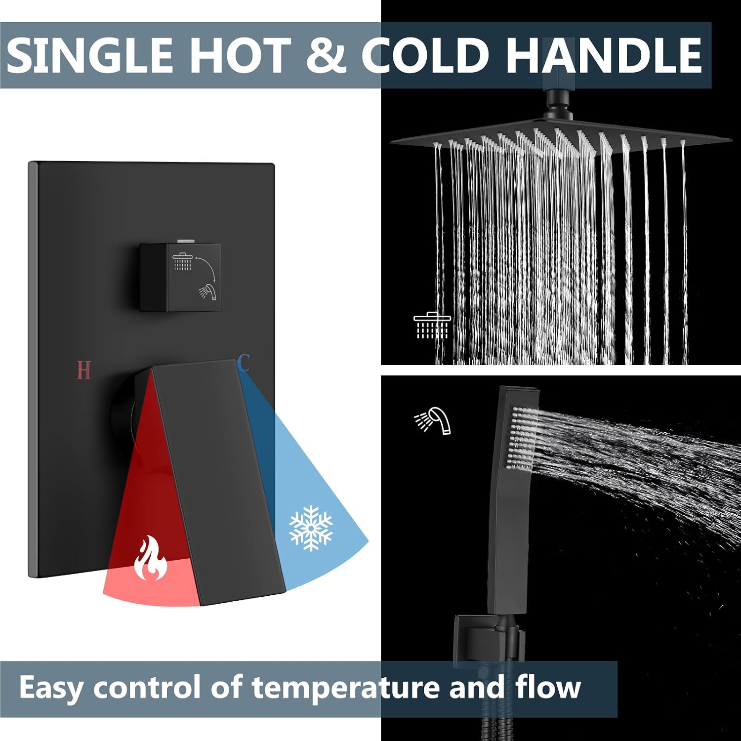 Aolemi Ceiling Mount Shower System Rain Shower Head with Handheld Spray High Pressure Shower Faucet Set Rough-in Valve Shower Trim Kit Included Bathroom Matte Black 10 Inch Ceiling Shower Head