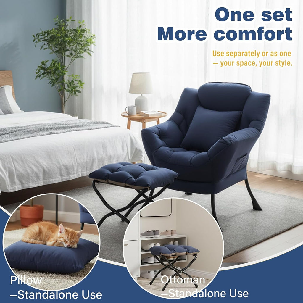 Lazy Chair with Ottoman, Large Accent Chair with Ottoman and a Throw Pillow, Navy Reading Chair for Living Room Bedroom Dorm Room Office Apartment Relaxing Use