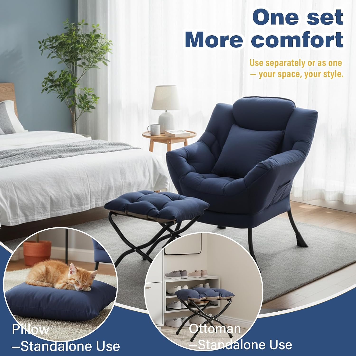 Lazy Chair with Ottoman, Large Accent Chair with Ottoman and a Throw Pillow, Navy Reading Chair for Living Room Bedroom Dorm Room Office Apartment Relaxing Use
