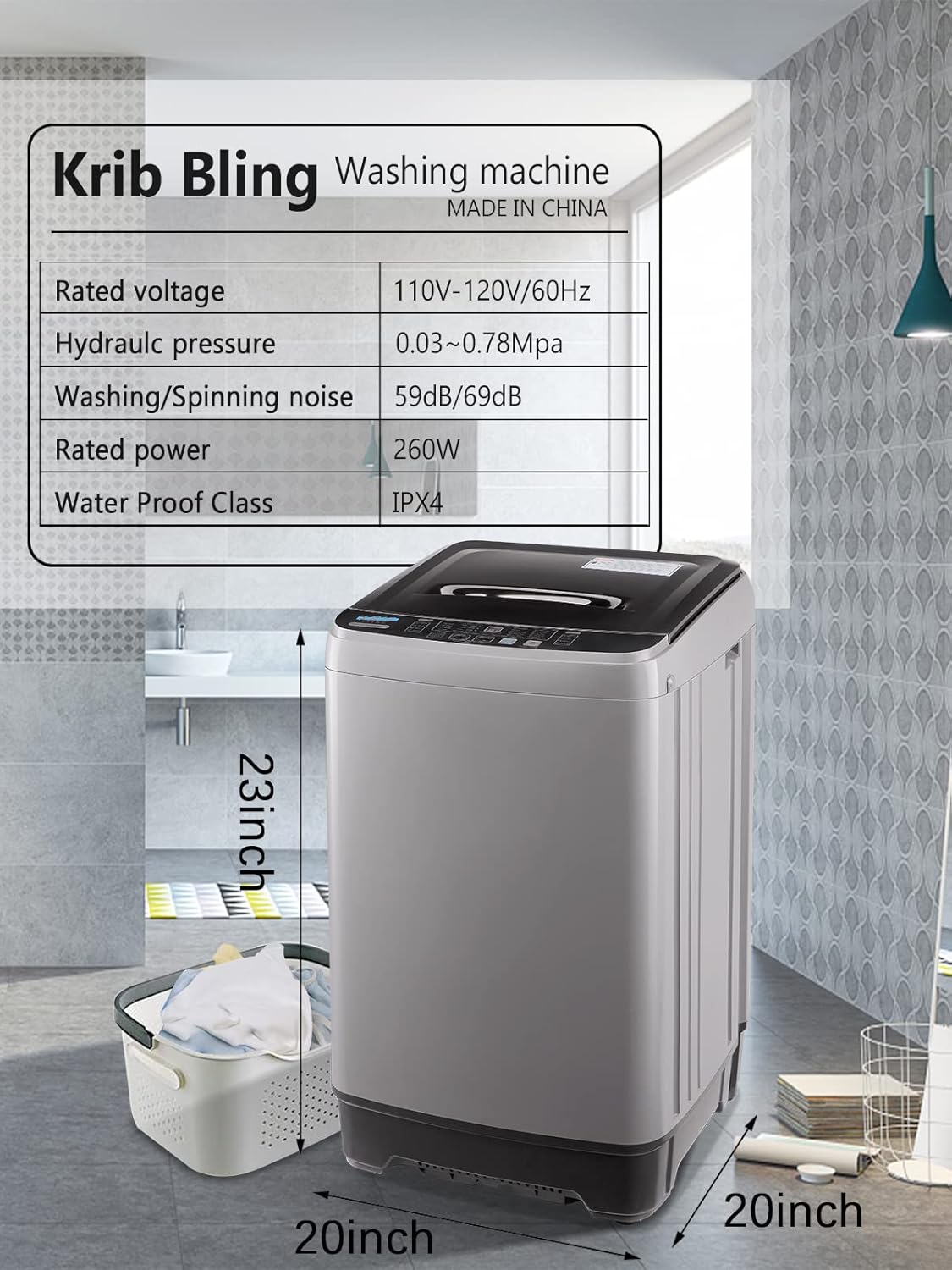 KRIB BLING Full Automatic Washing Machine with LED Display, 17.7 lbs Washer Drain Pump, 10 Programs & 8 Water Levels Selections, Ideal for Apartment, Dorm, Grey