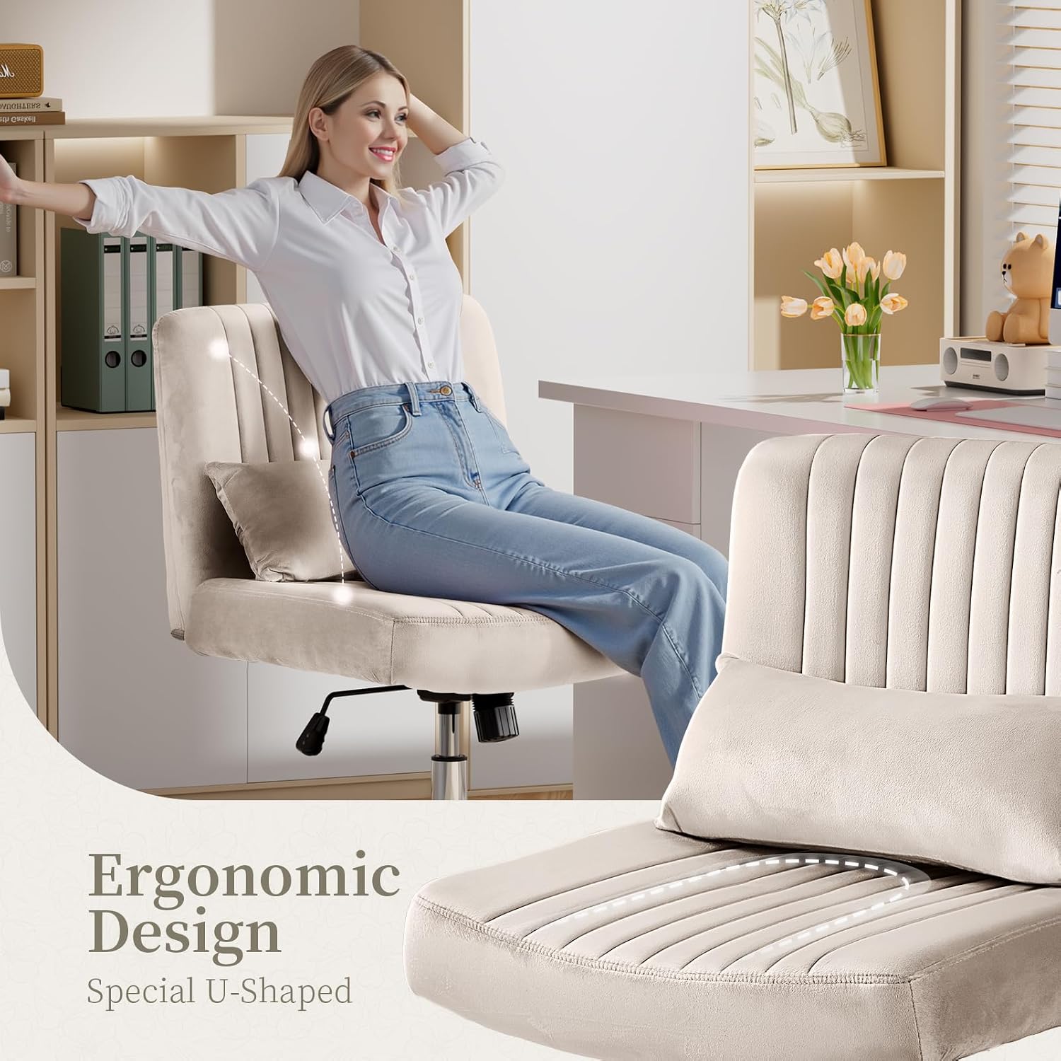 Velvet Office Chair, Luxury Criss Cross Chair with Wheels, Comfy Cross Legged Desk Chair for Home Office, Height Adjustable Vanity Chair, Wide Seat Computer Chair, Gift for Girlfriend, Cozy Beige