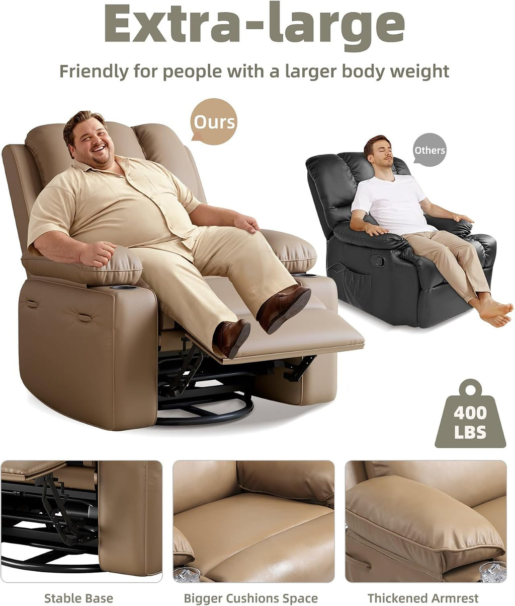 Oversized Recliner Chairs with Massage and Heat, Leather Recliner Chair for Adults, Manual Chair with Cup Holder for Living Room, Bedroom and Nursery (Tan-1)