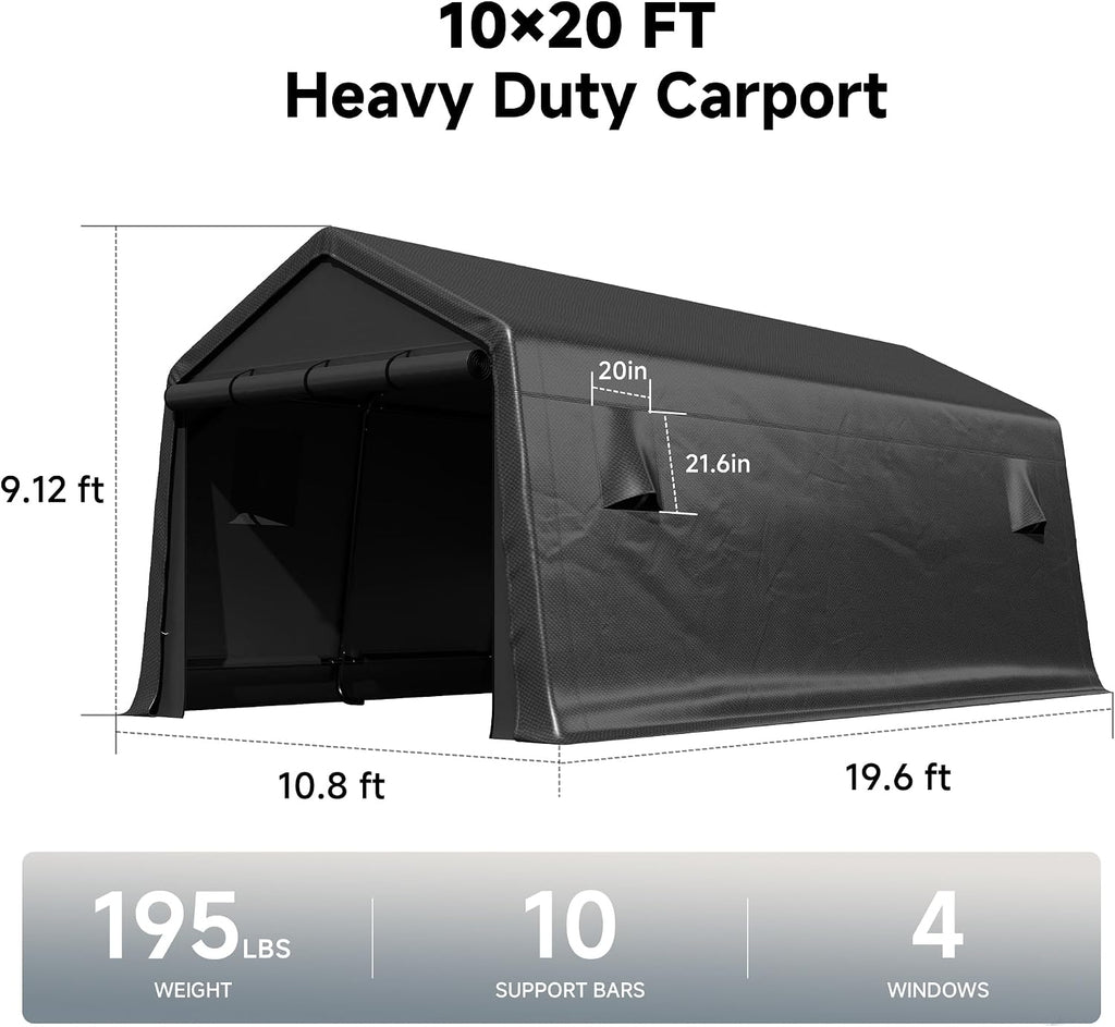 10 x 20 FT Heavy Duty Carport, Portable Outdoor Parking Shelter with 240 g PE Tarpaulin, 1.2mm Thickened Galvanized Steel Tubing Frame, for Pickup Trucks, Boats