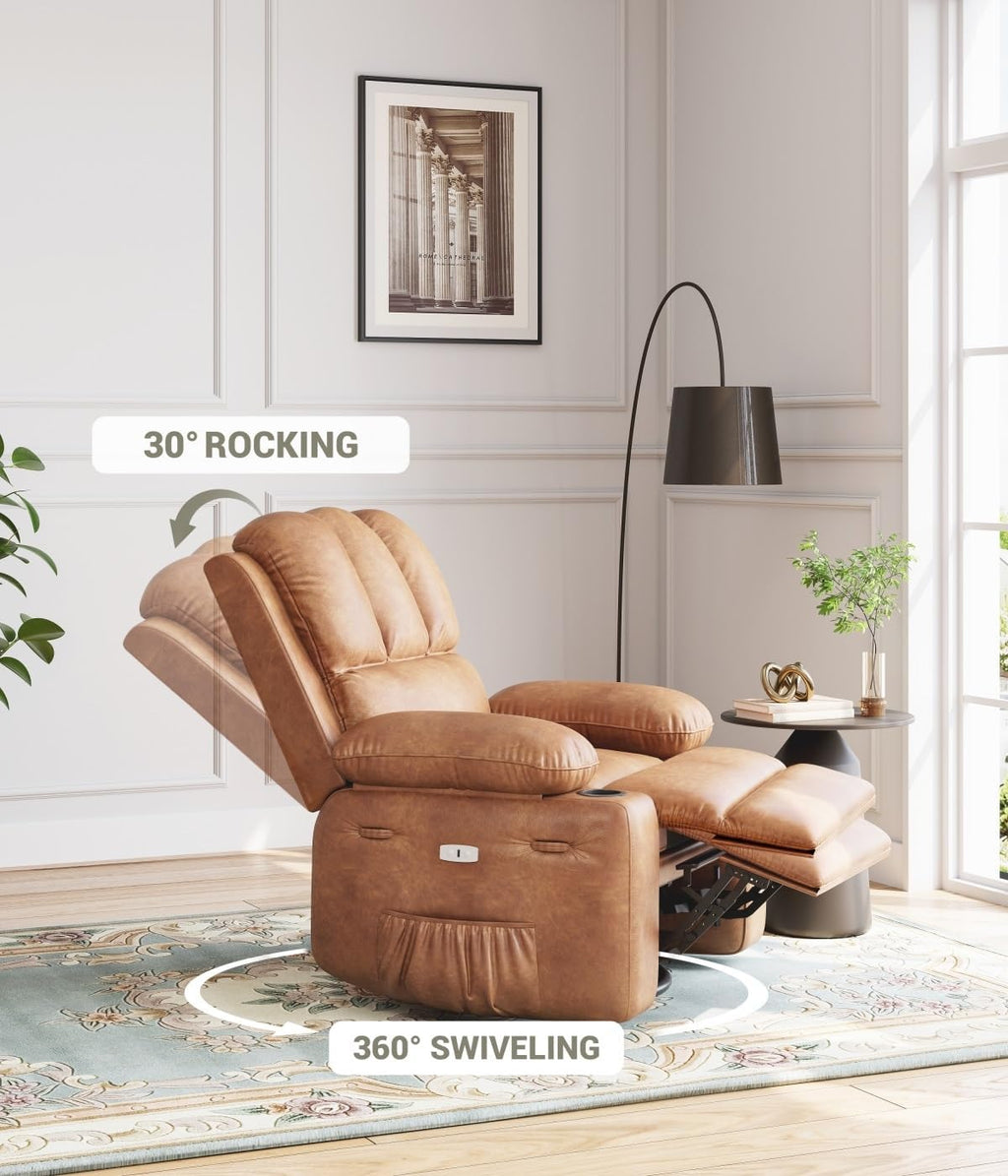 GarveeHome Oversized 27' Power Recliner Chair with Heat and Massage - 360° Swivel Faux Leather Rocking Chair for Adults with Cup Holder for Living Rooms, Bedrooms, Nurseries - Coffee