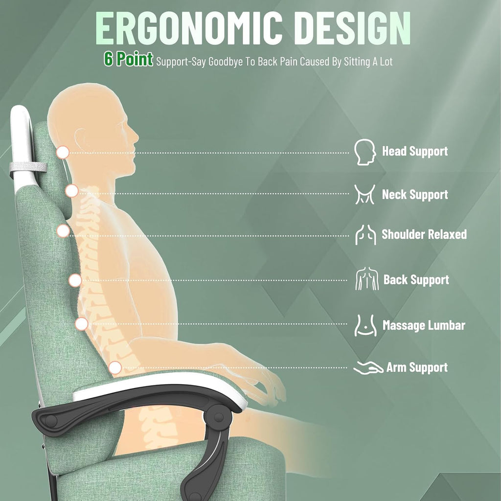 Soontrans Linen Fabric Ergonomic Gaming Chair with Pocket Spring Cushion, Wide Seat 20',Adjustable Headrest, Lumbar Pillow, Footrest & Reclining Backrest, Comfortable Office Chair for Home & Gaming