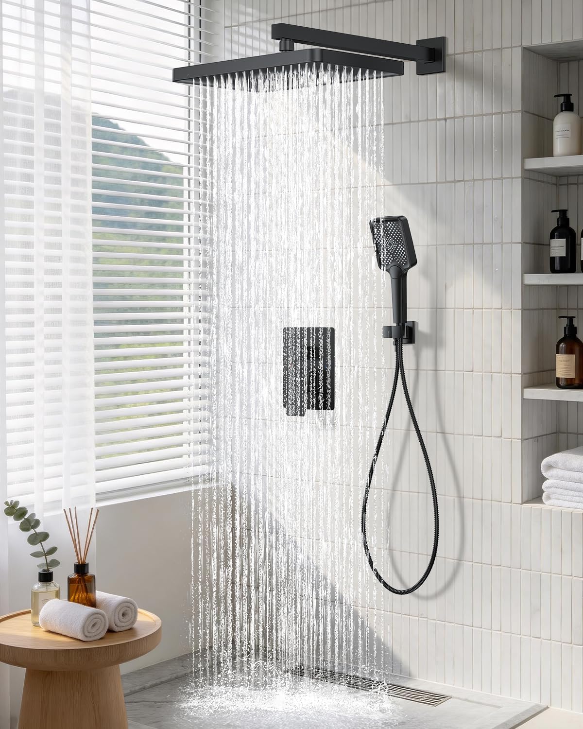 Matte Black 13-Inch Rainfall Shower System - Premium Shower Head & Handheld Sprayer, Complete Bathroom Set with Faucet Mixer Trim Kit & Valve