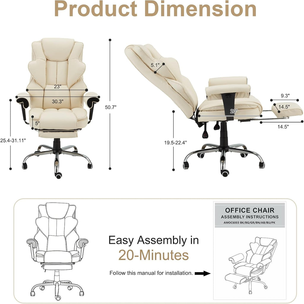 Heated Massage Office Chair with Retractable Footrest, 6-Point Vibration Massaging Office Chair with Remote & Timer, 90°–155° Recline Ergonomic PU Leather Computer Chair, 350 LBS
