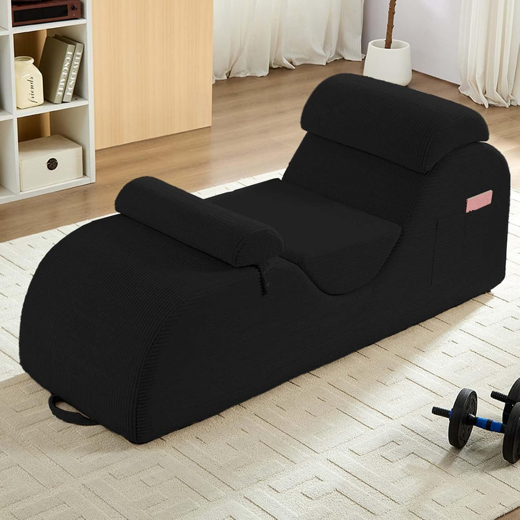 ijuicy 25' Wide Ergonomic Stretch Yoga Chair, Modern Floor Relax Chaise Lounge Chair with Adjustable Headrest, Waist Support Cushion, Movable Footrest & Side Pockets-Black