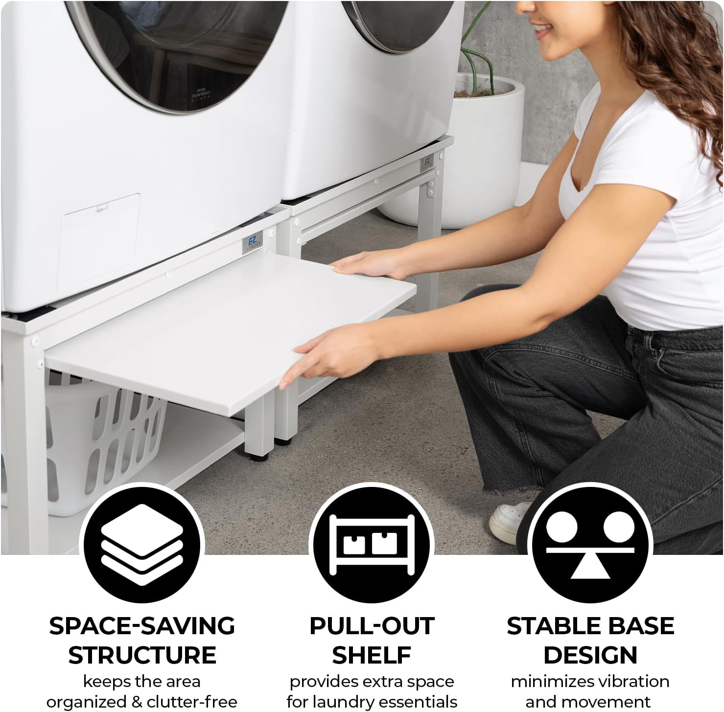 Washer and Dryer Pedestal with Pullout-Shelf - 24' W, 10' H, White Steel Universal Fit with Major Brands | Laundry Pedestal with Drain Pan & Hose | Washer Stand for Back Pain Relief, 800 lbs Capacity