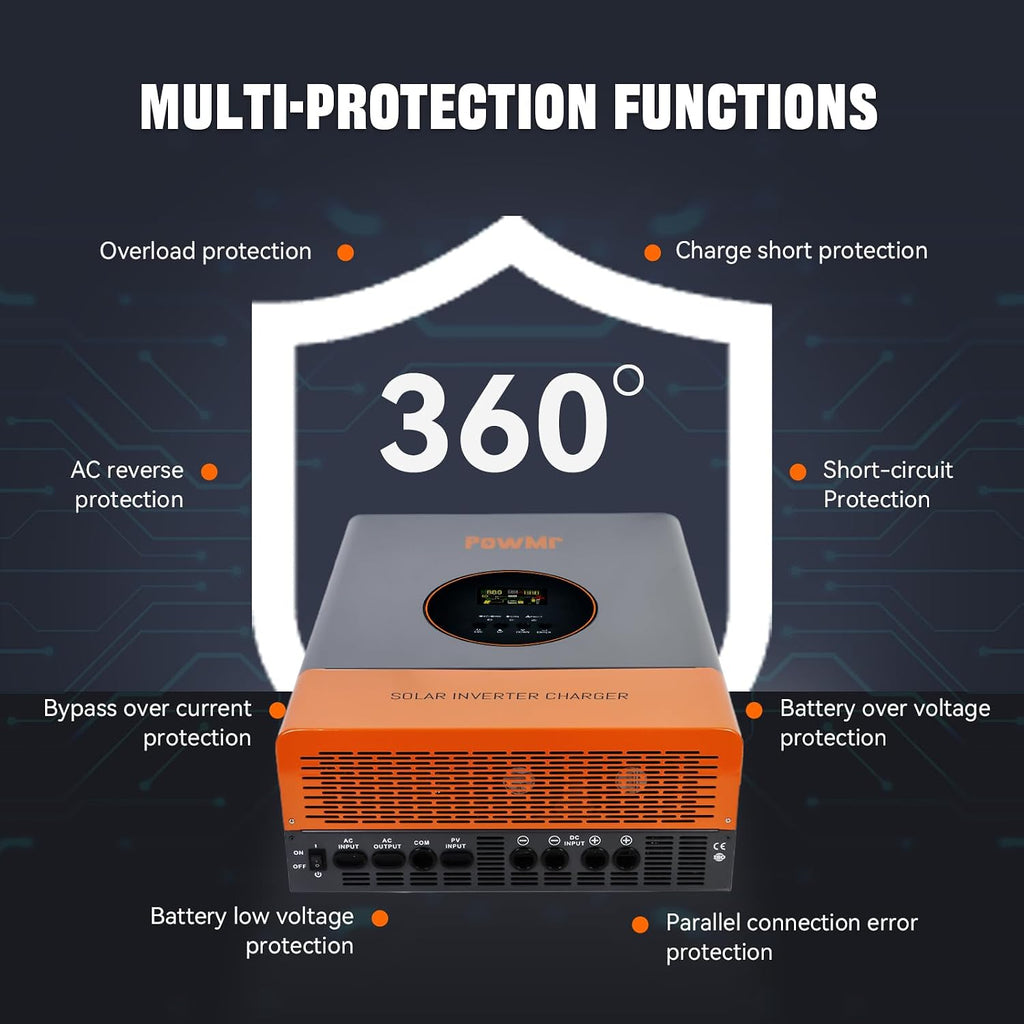 PowMr 10000W Hybrid Solar Inverter 48VDC to 110V/220VAC, 10kW Hybrid Inverter w/Built-in 120A MPPT Charge Controller, Pure Sine Wave for 48V Lead-Acid and Lithium Battery, Peak Power:30000W