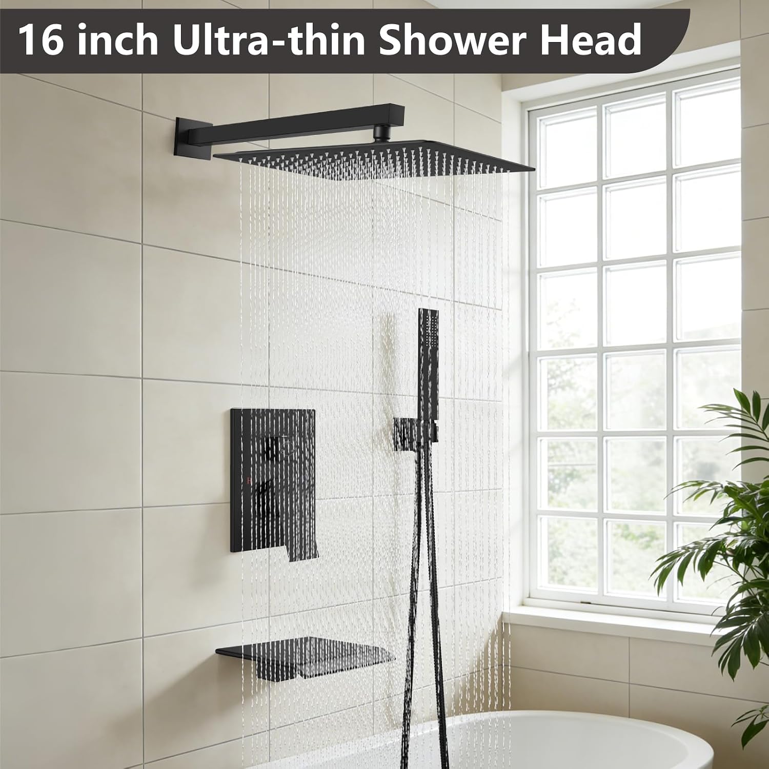 Midanya Shower System with Tub Spout,Bathtub Shower Faucet Set with Square Rainfall Head and Handheld Sprayer Wall Mount Tub Faucet Set with Valve and Trim Kit,16 Inch Matte Black
