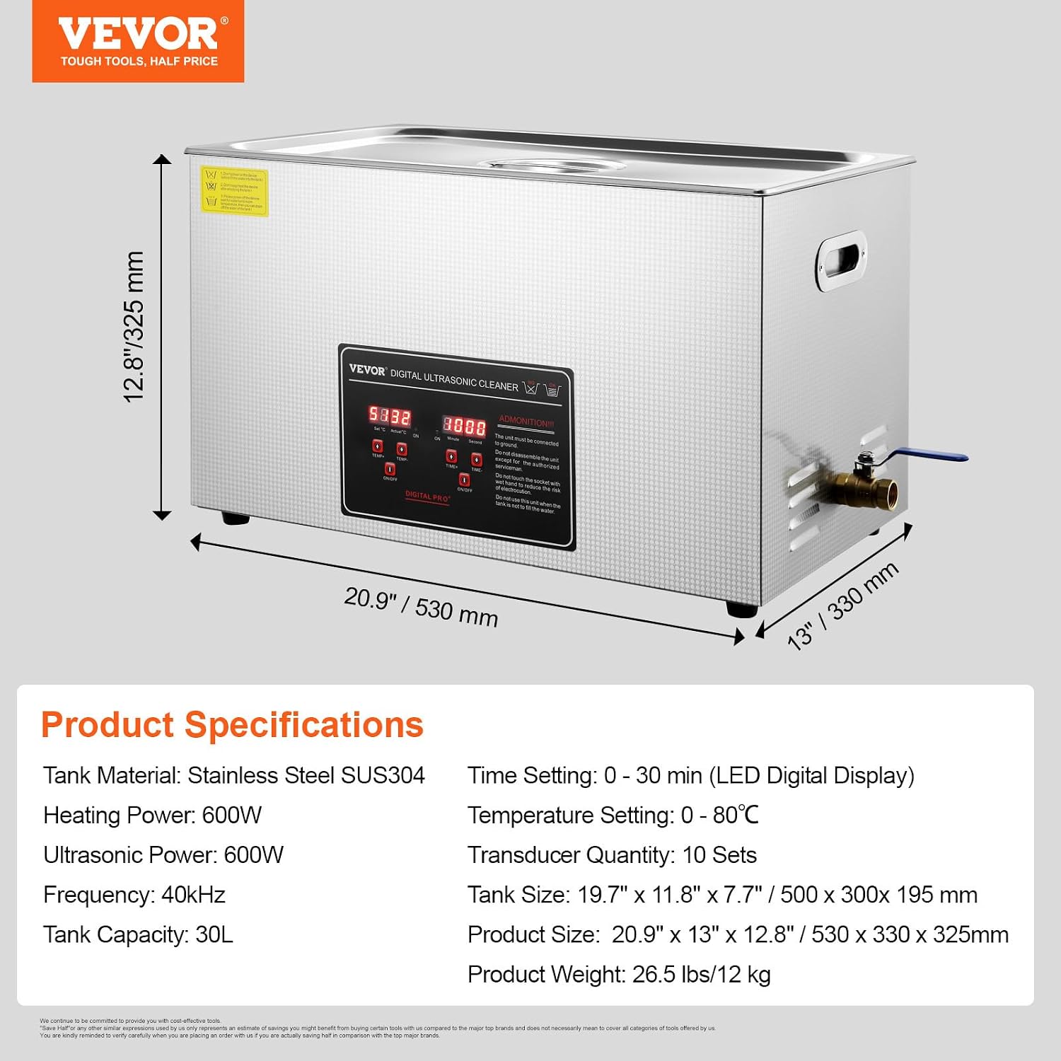 VEVOR Ultrasonic Cleaning with Digital Timer & Heater, Professional Ultra Sonic Jewelry Cleaner, Stainless Steel Heated Cleaning Machine for Glasses Watch Rings Small Parts Circuit Board (30L)