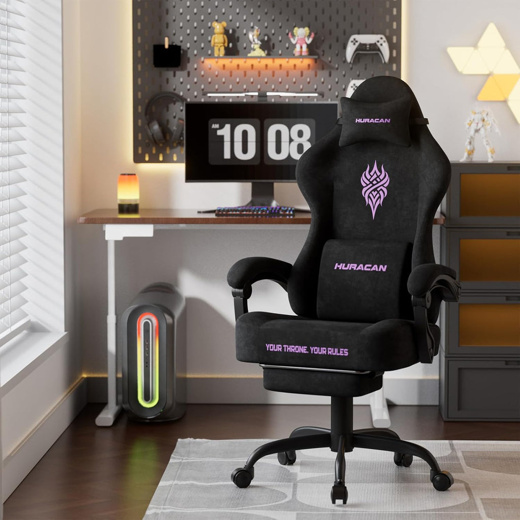 Ferghana Velvet Fabric Gaming Chair with 20.5″ Wider Seat Cushion, Fire Embroidery Ergonomic High Back Game Chair with Footrest, Computer Chair with Massage Lumbar Support for Adult, Black