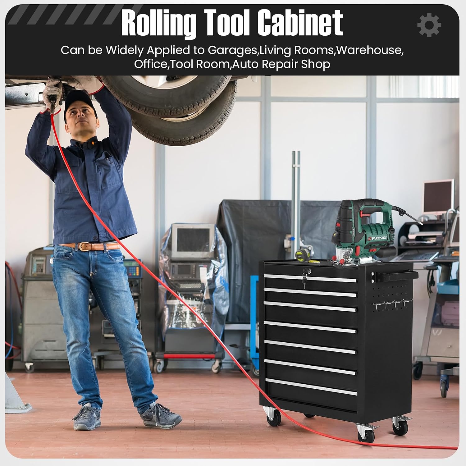 7-Drawer Rolling Tool Chest with Wheels,Tool Cabinet on Wheels with Keyed Locking,Multifunctional Tool Cart on Wheels,Tool Storage Organizer Cabinets for Garage,Warehouse, Repair Shop (Black)