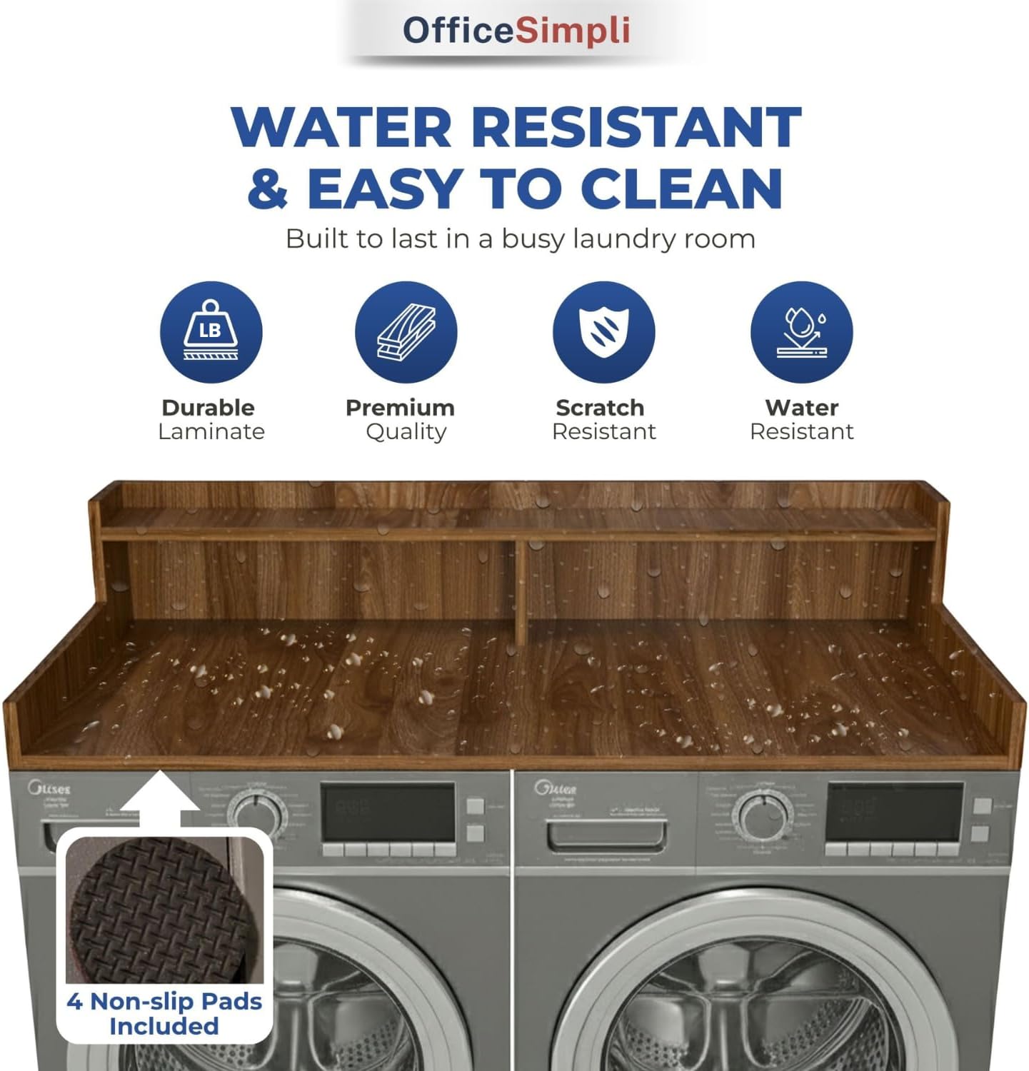 OfficeSimpli Large Washer Dryer Countertop with Shelf, 30 x 58 Inch Made in USA Laundry Countertop Over Washer and Dryer with Non-Slip Pads, Storage Shelf, Laundry Topper Organizer, California Walnut