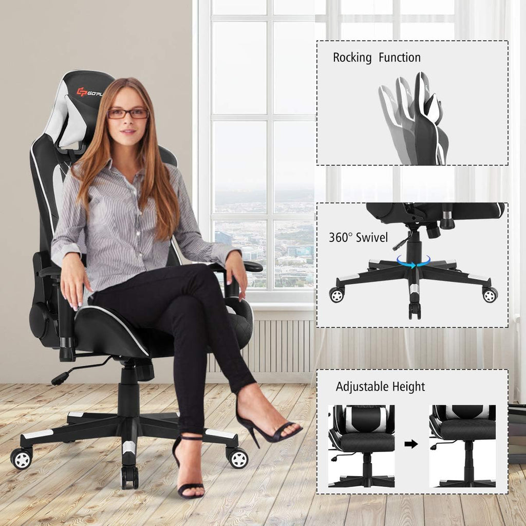 POWERSTONE Gaming Chair, Gaming Recliner with Adjustable Armrest Massage Lumbar Pillow Wide Cushion Ergonomic Office Computer Chair for Adults, White