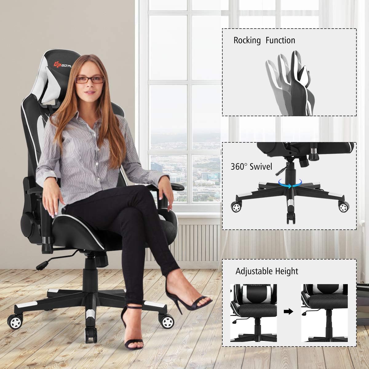 POWERSTONE Gaming Chair, Gaming Recliner with Adjustable Armrest Massage Lumbar Pillow Wide Cushion Ergonomic Office Computer Chair for Adults, White